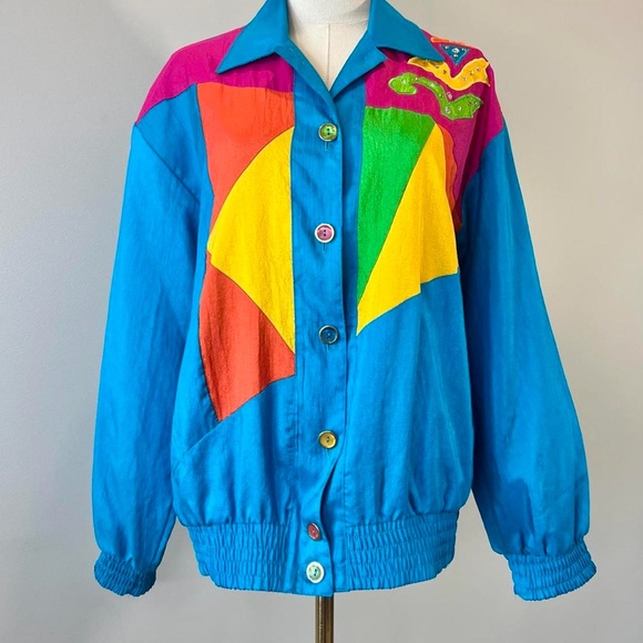 Vintage Jackets & Blazers - Vintage 1980s Colorblock Winderbreaker Retro Colorful Jacket Small Medium